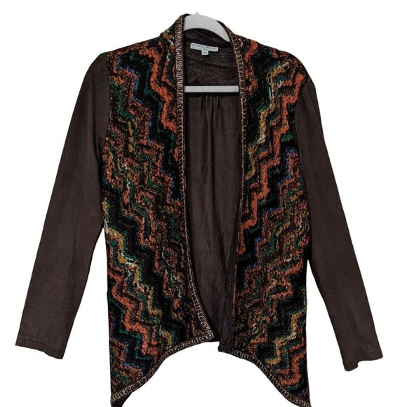 Alberto Makali geometric printed open front faux suede sweater cardigan USA Med - Picture 1 of 11